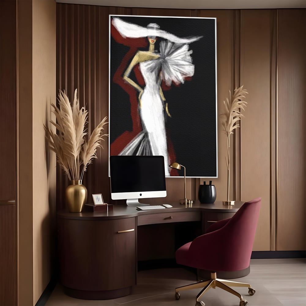 Tablou canvas cu ilustratie cu manechin in rochie alba, in rama de aluminiu argintiu, pe perete intr-un birou